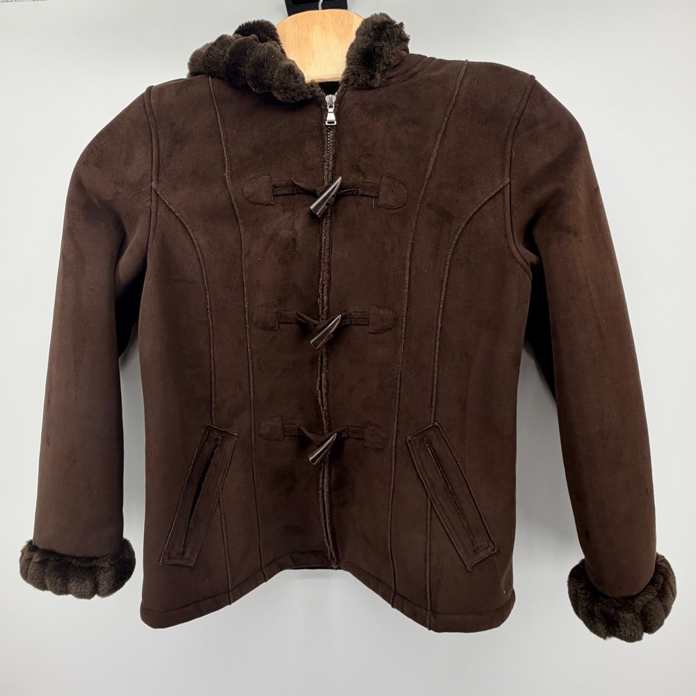 Braetan Toggle Coat Women L Brown Faux Suede Fur Hooded Duffle Jacket Winter